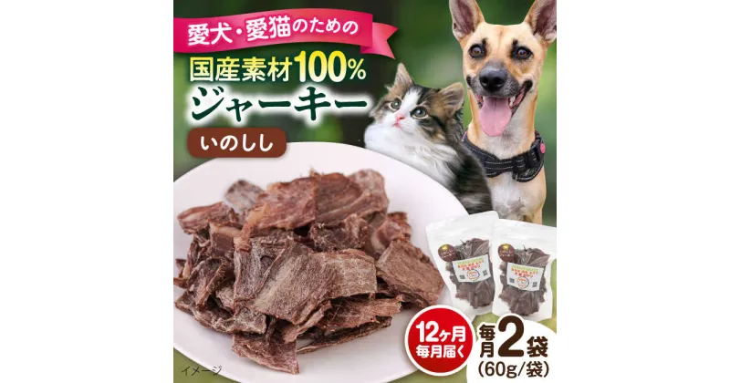 【ふるさと納税】【全12回定期便】いのししジャーキー（60g×2袋） ペット 愛犬 愛猫 おやつ ご褒美 ごはん 猫 犬 てづくり 国産 ドッグフード 【ペットフードYM japan】[AKEX025]