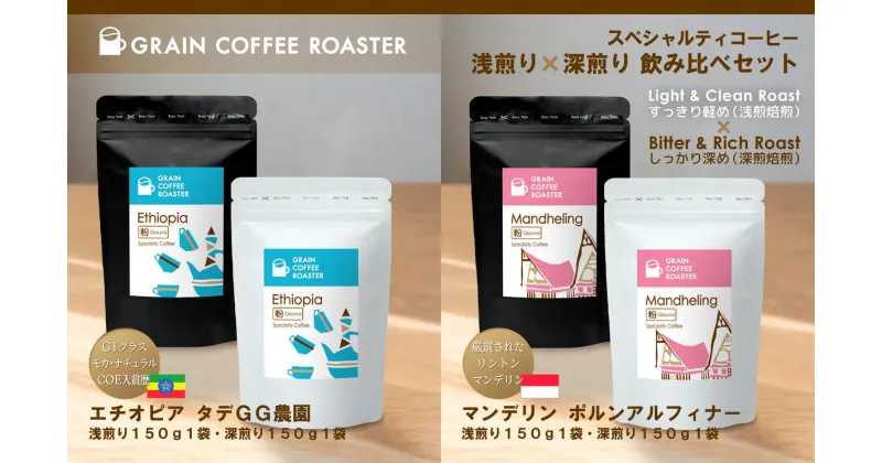 【ふるさと納税】スペシャルティコーヒー2種4品飲み比べ [粉]　 スッキリ 軽め 浅煎焙煎 しっかりした飲み応え 深煎焙煎 スペシャルティコーヒー