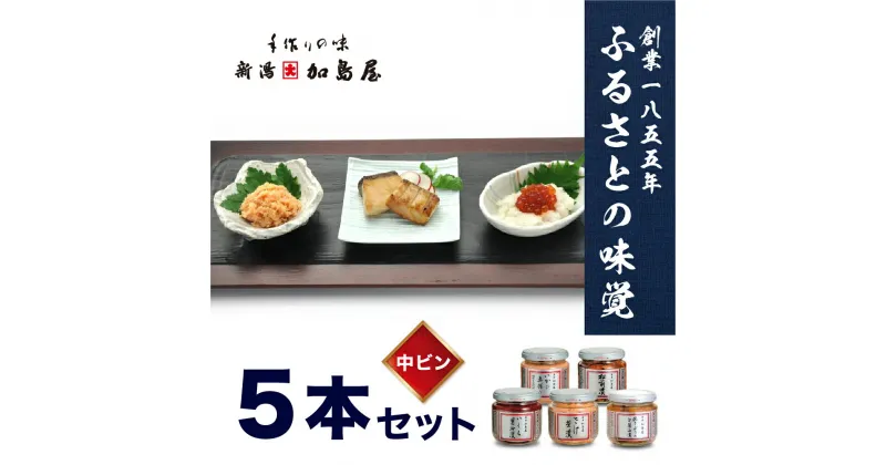 【ふるさと納税】加島屋のふるさと味覚 中ビン5本 セット 5種類 さけ茶漬 いくら 醤油漬 焼きぶりの白醤油漬 松前漬 いか の赤作り 魚介 魚介類 おつまみ つまみ お茶漬け ごはんのお供 ご飯のお供 鮭ほぐし 鮭 鮭フレーク イクラ 鰤 イカ 瓶詰 新潟　 新潟市