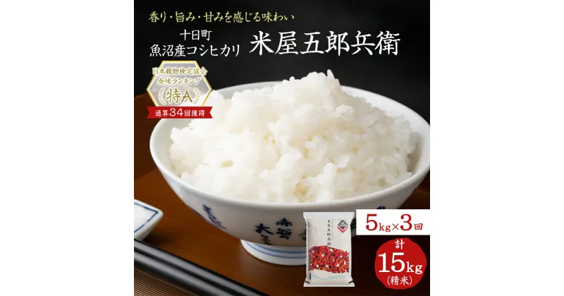 【ふるさと納税】＜新米発送＞【定期便/全3回】十日町産魚沼コシヒカリ 米屋五郎兵衛 精米5kg　定期便・ 米 お米 おこめ こめ 精米 白米 コシヒカリ こしひかり 3ヶ月 お楽しみ 新潟 　お届け：9月下旬より新米発送予定。決済完了月の翌月中旬頃から発送開始します。