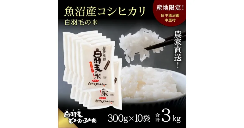 【ふるさと納税】【通年受付】≪令和6年産≫　農家直送！魚沼産コシヒカリ「白羽毛の米」精米 (300g×10袋) 3kg　 お米 白米 ご飯 　お届け：10月01日発送開始。通年受付にてお届けします。