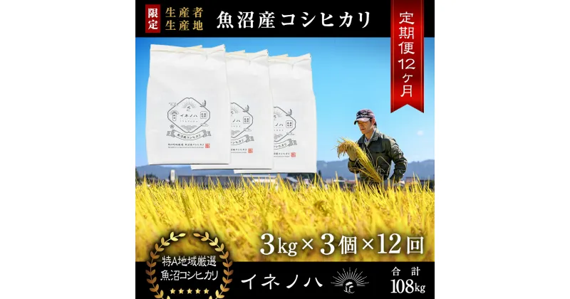 【ふるさと納税】＜定期便・全12回＞【令和6年産】魚沼産コシヒカリ「イネノハ 」精米(3kg×3)×12回　定期便・ お米 白米 ご飯 産地直送 ミネラル 栄養分 こだわり 人気 新鮮 　お届け：毎月1回、全12回お届けします